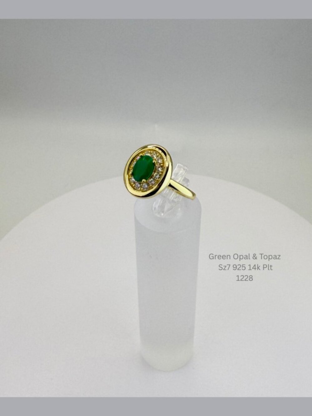 Natural Green Opal & White Topaz Ring Size 7 925 Sterling Silver 14K Gold Plated